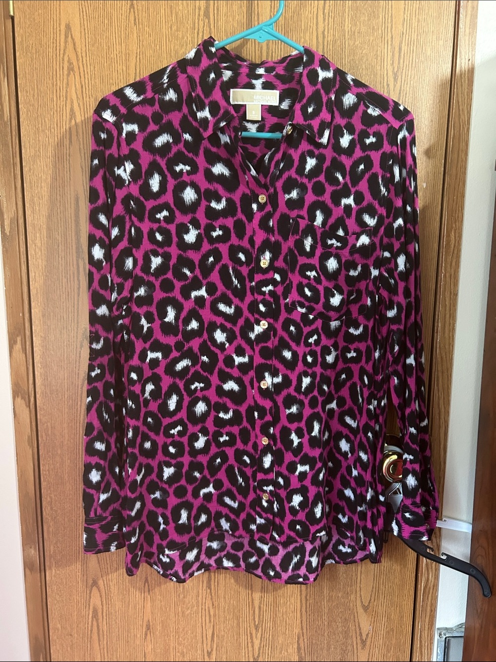 Michael Kors Magenta and Black Leopard Print Button-Down Shirt